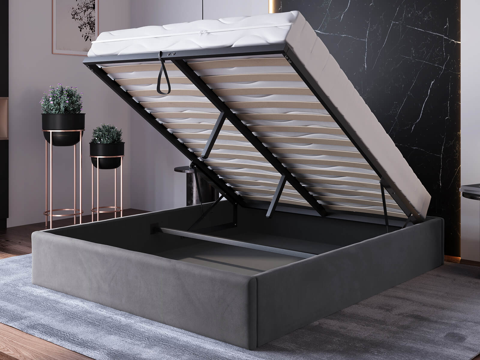 Letto imbottito 120x200 con contenitore, senza testiera Grafite Velvet Box Line